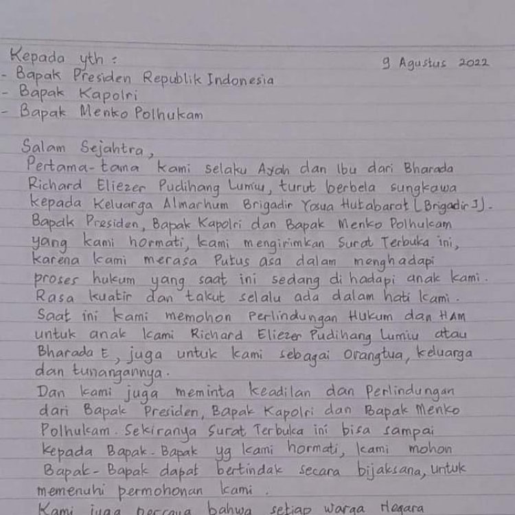 Orang Tua Bharada E Tulis Surat Terbuka Untuk Jokowi Hingga Pemerintah