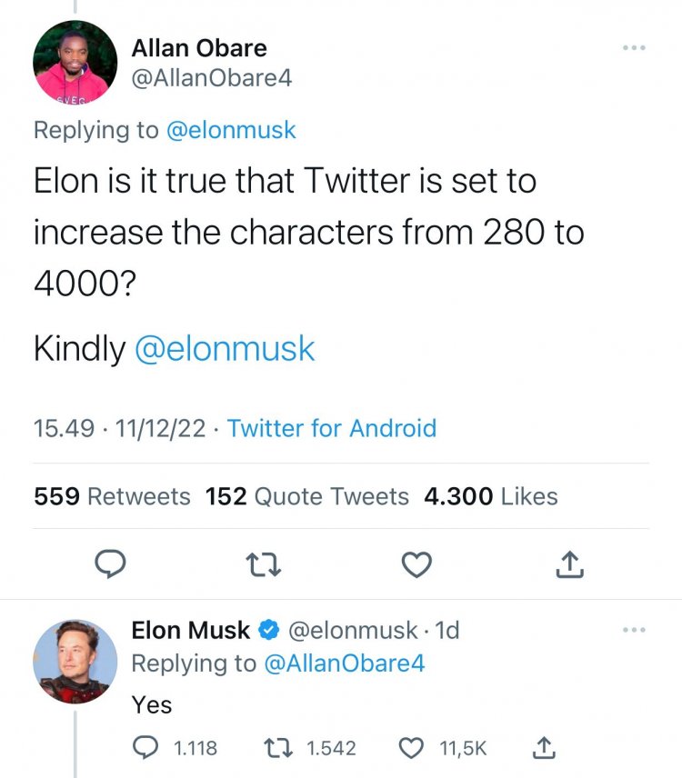 Elon Musk Akan Terapkan 4.000 Karakter Untuk Cuitan Twitter