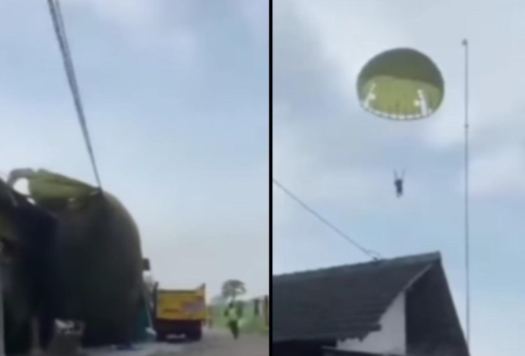 Viral Terjun Payung Anggota TNI AU Mendarat di Atap Rumah Warga