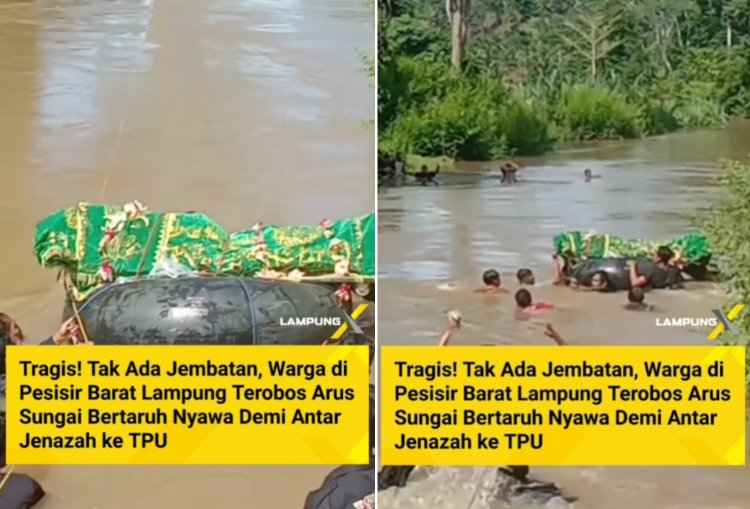 Viral! Warga di Lampung Sebrangi Sungai Sambil Bawa Jenazah